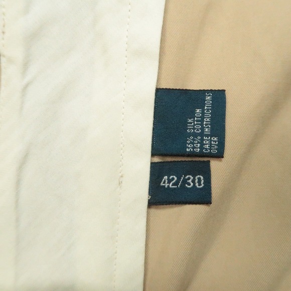 VINTAGE Polo Ralph Lauren Pants Men 42x30 Khaki Tan Silk Cotton Pleated Cuffed - Picture 5 of 10